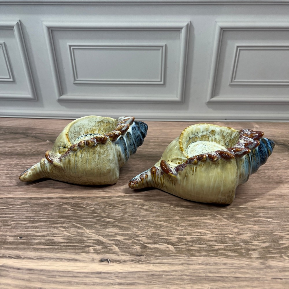 Conch Seashell Ceramic Candle Holders Set of 2 Beige Brown Nautical Coastal
